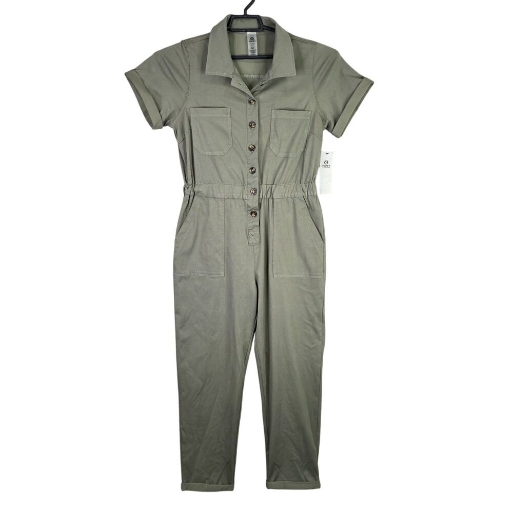 Womens Mono B Olive Green Utility Jumpsuit Button Up Front Short Sleeves Size M